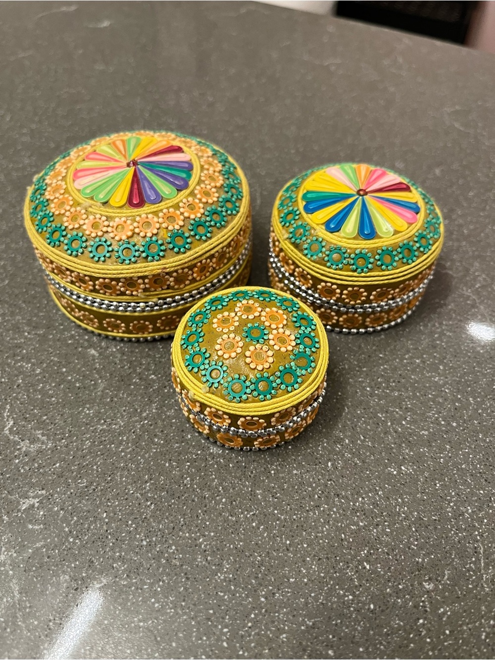 Hand-Painted Yellow Decorative Trinket Boxes - Set of 3